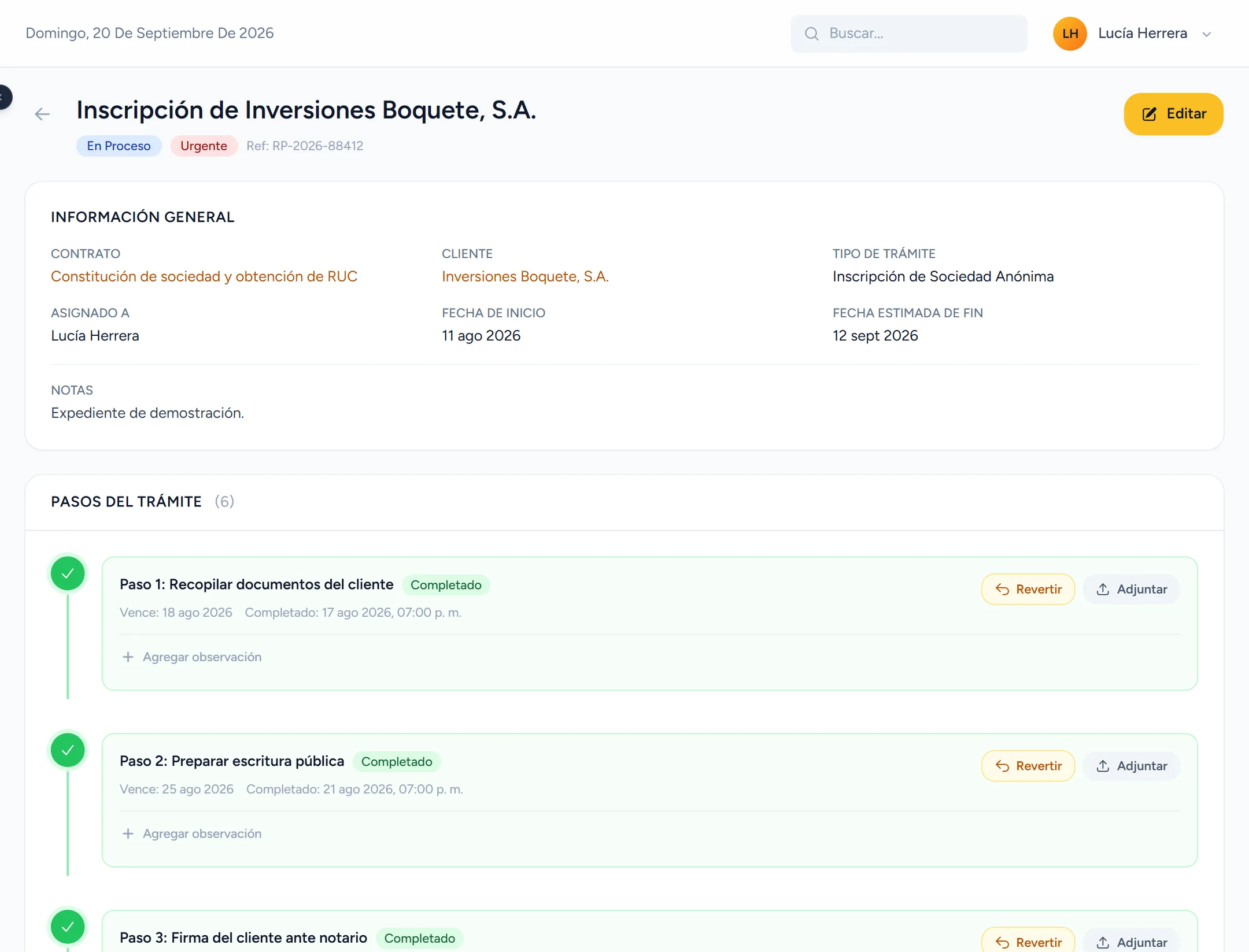 Detalle de un trámite con sus pasos completados, fechas de vencimiento y responsables